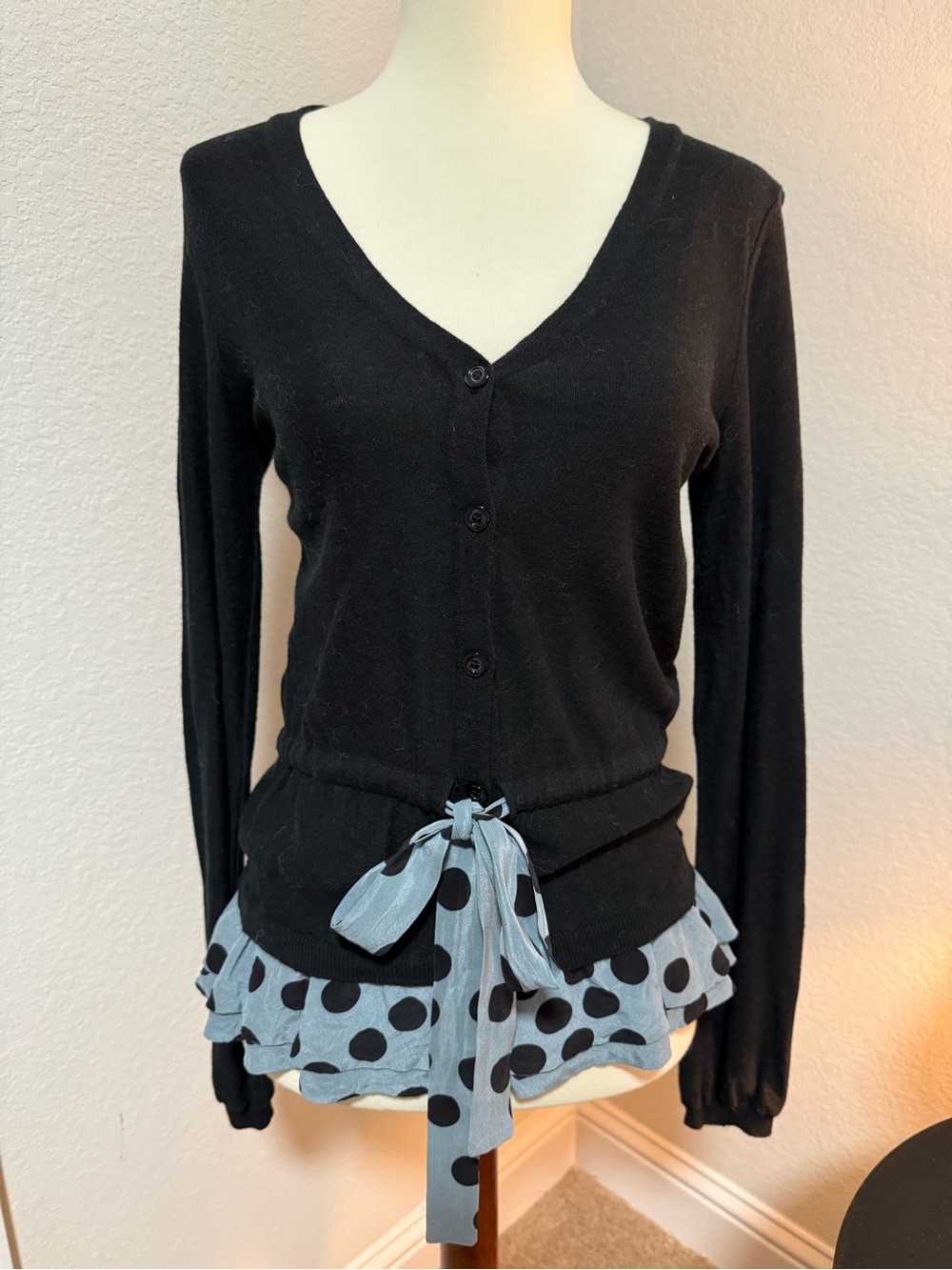 Moschino Black V-Neck Cardigan with Polka Dot Tie Hem